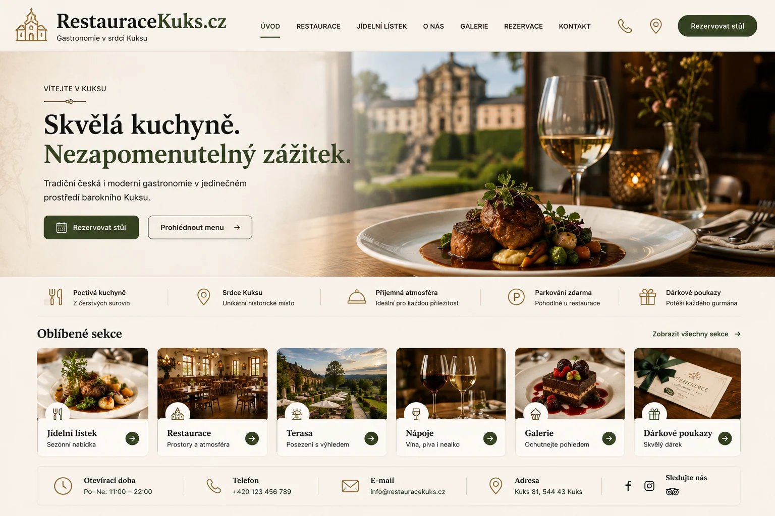 Ilustrační návrh webu restaurace RestauraceKuks.cz s jídlem a rezervačním tlačítkem